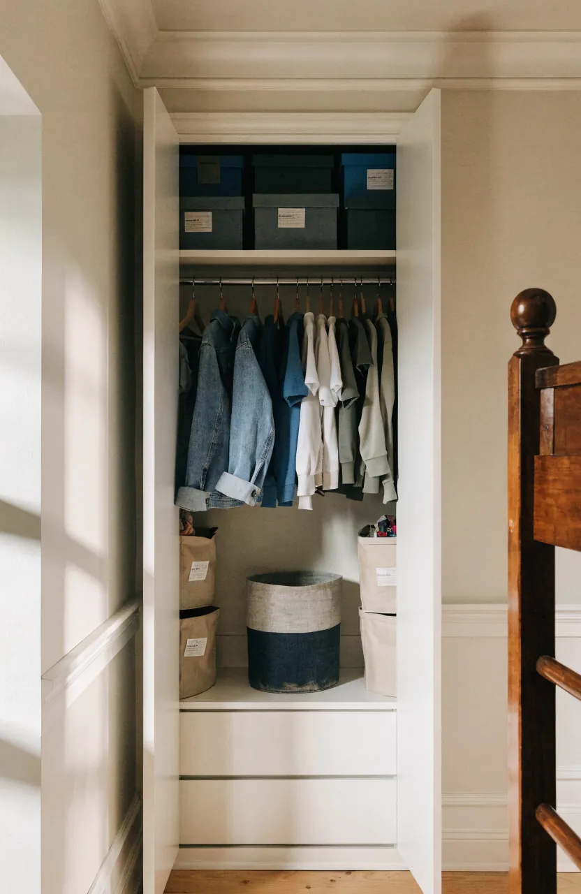 Small kids closet organized with lower rods, drawers, and toy storage bins