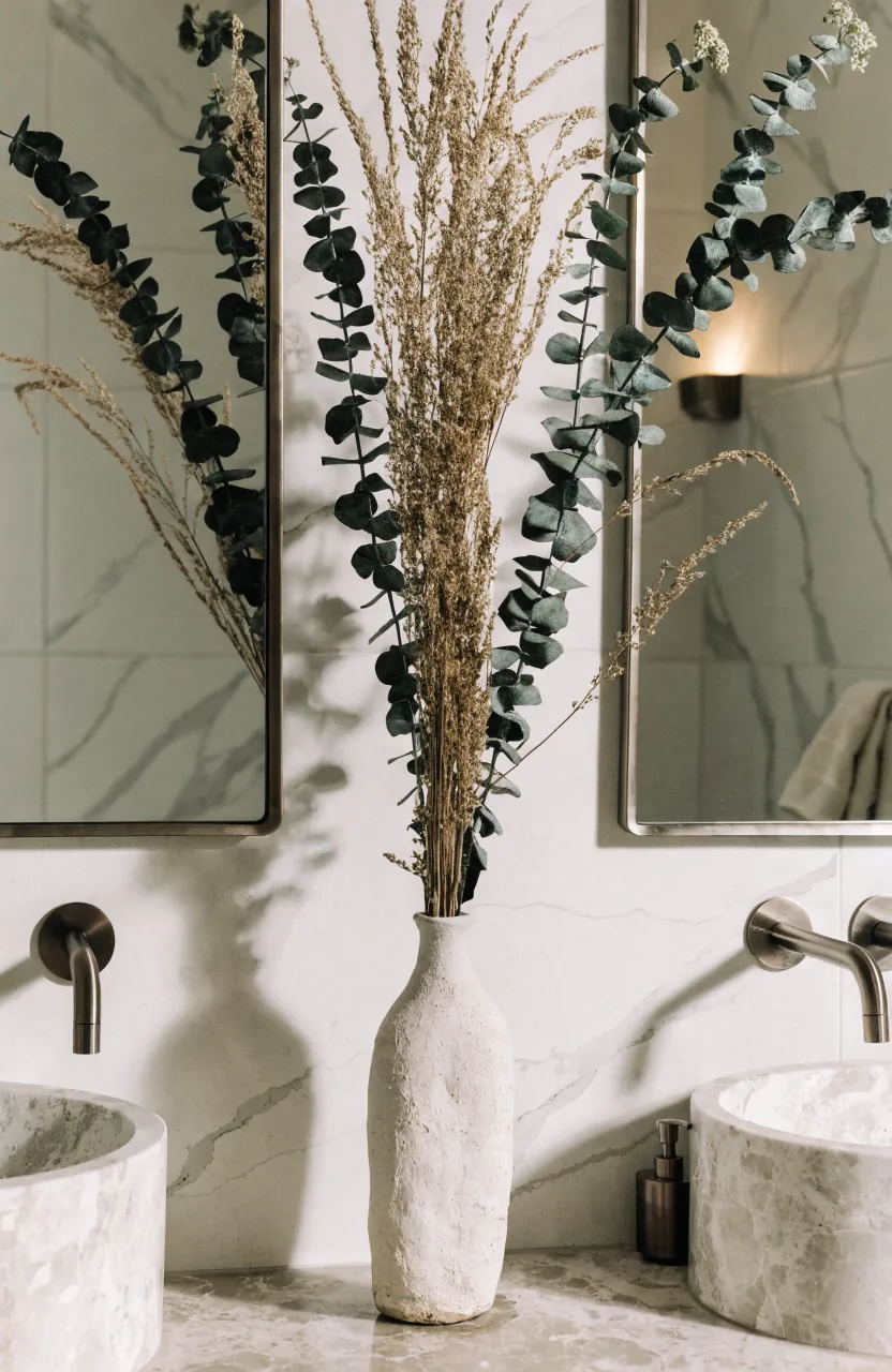 Tall vase between double vanity mirrors adding calm vertical style