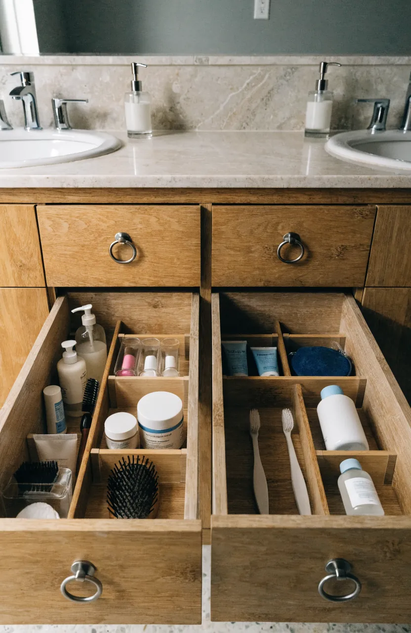 Double vanity drawers organized into personal bathroom storage zones