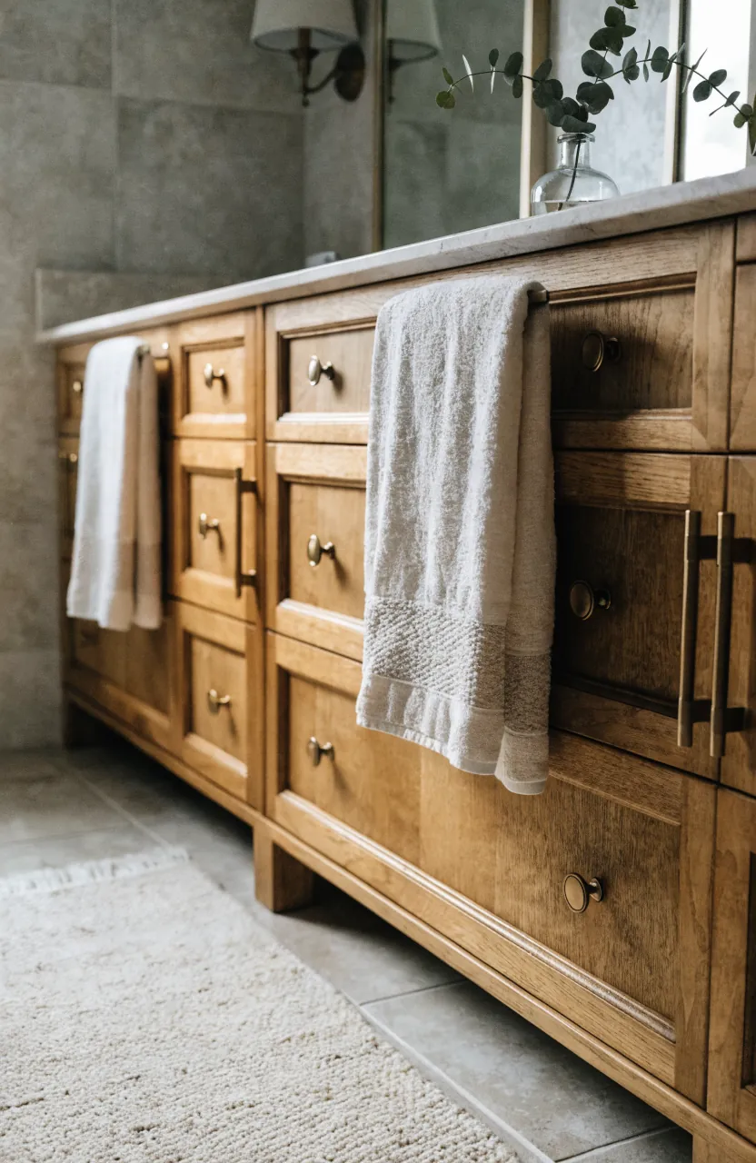 Calm bathroom vanity styling with soft towels, rug texture, and warm wood