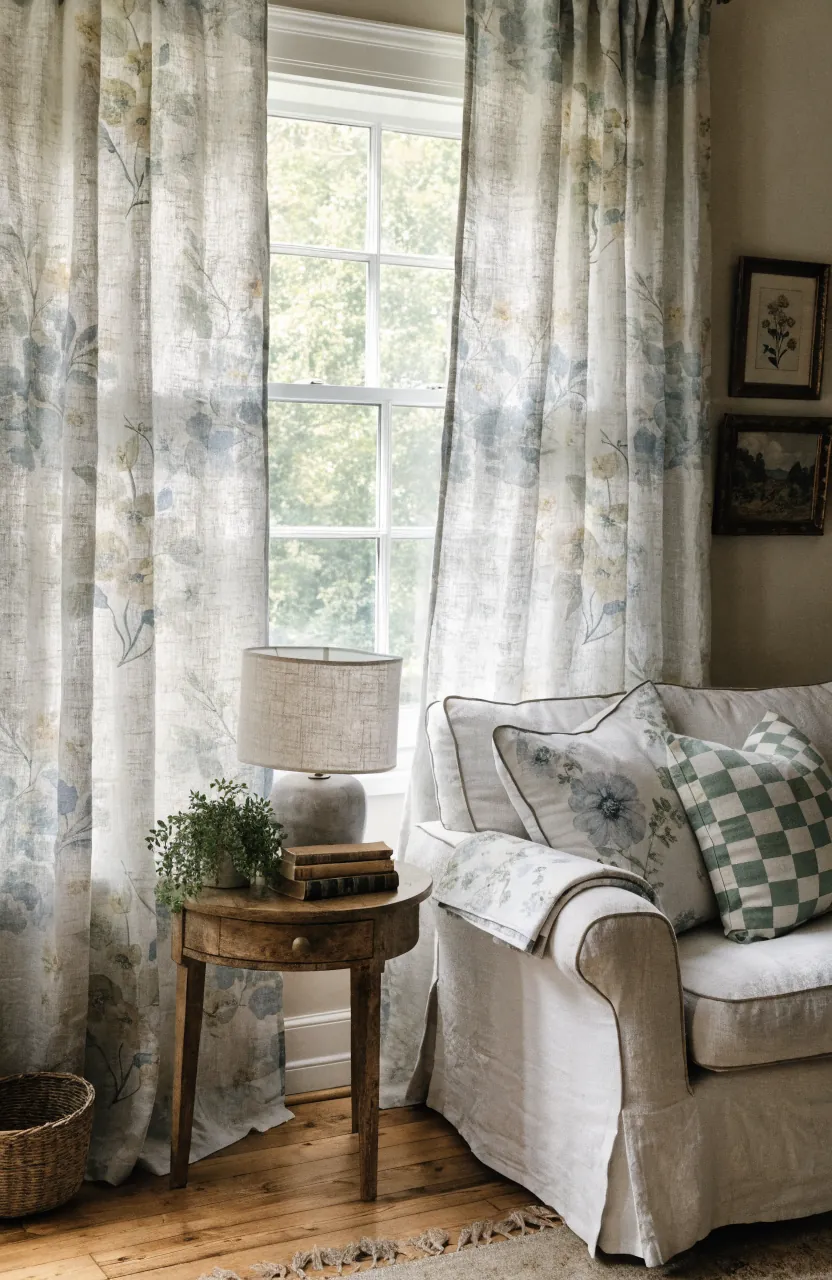Soft linen curtains making a cottage living room feel warmer and settled