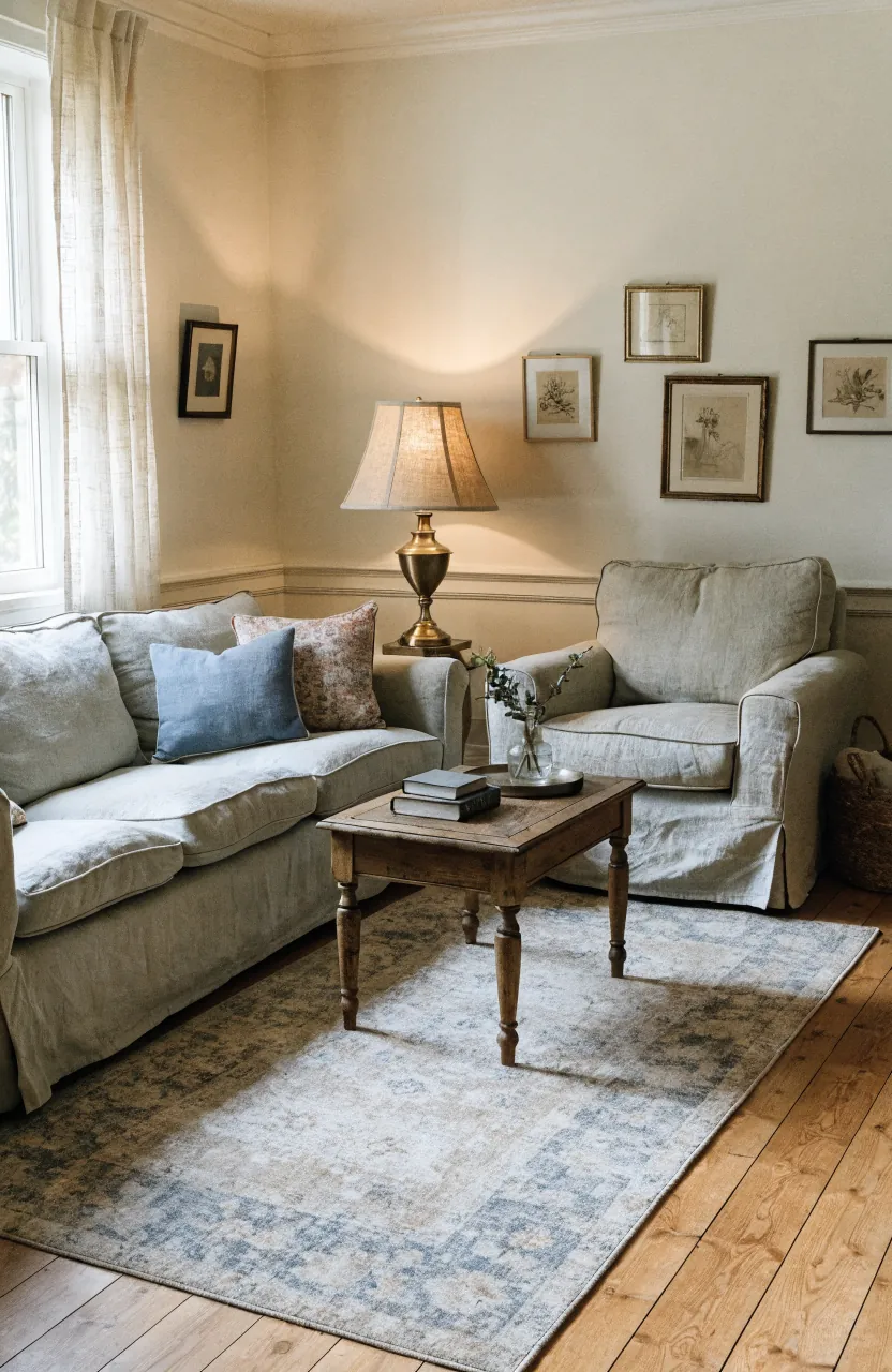 Cottage living room seating pulled close around a rug and coffee table