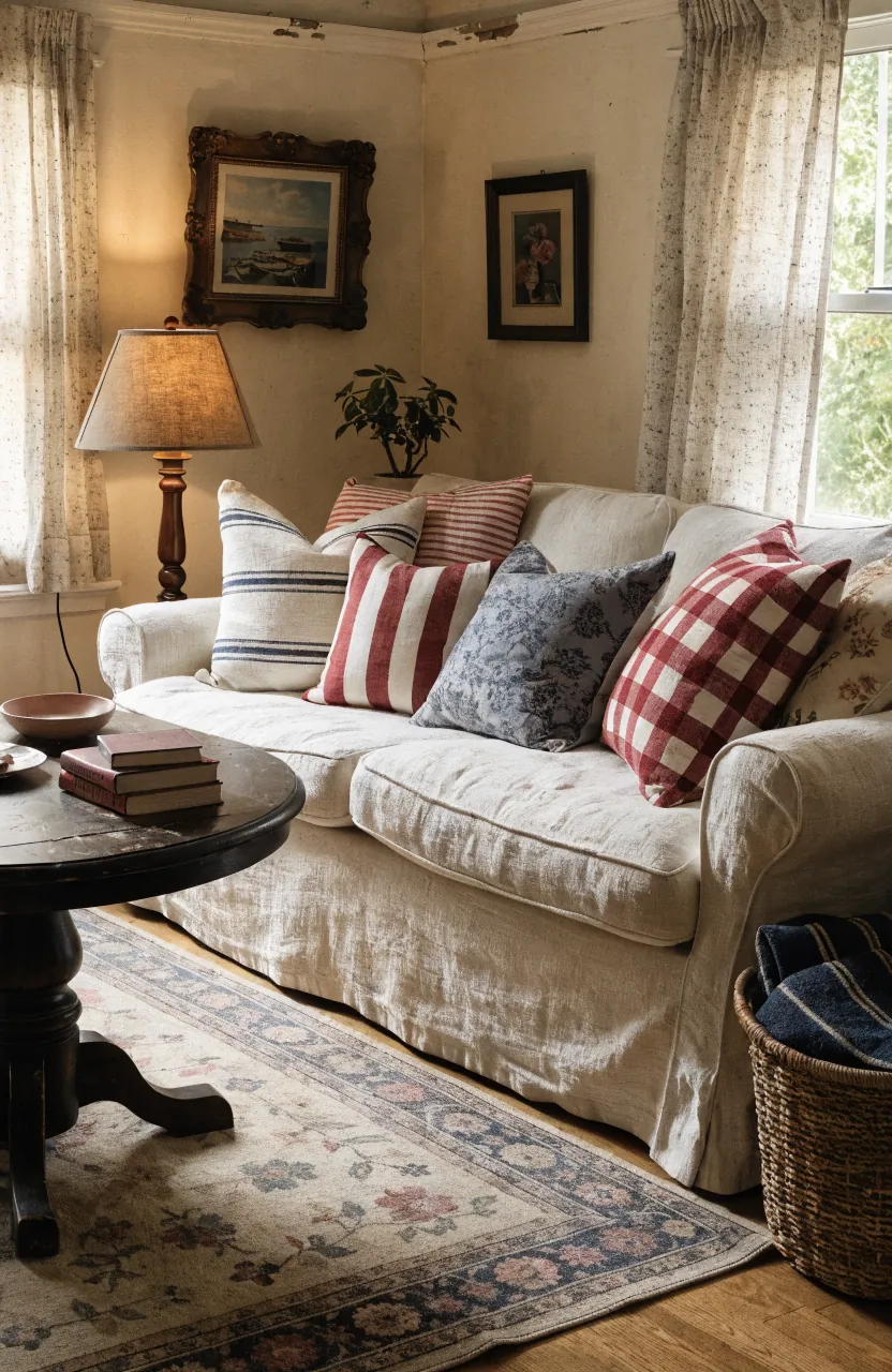 Cozy cottage living room with slipcovered sofa, soft rug, warm lamp, books, baskets, and vintage decor