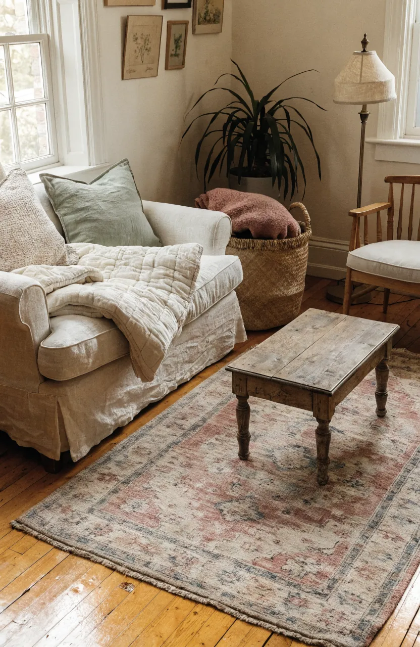 Large rug, pillows, basket, and throw layers in a cozy cottage living room
