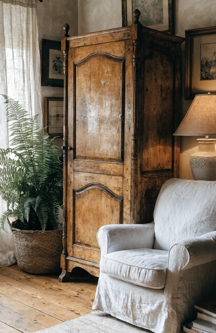 Old wood cabinet balanced with pale textiles in a cottage living room