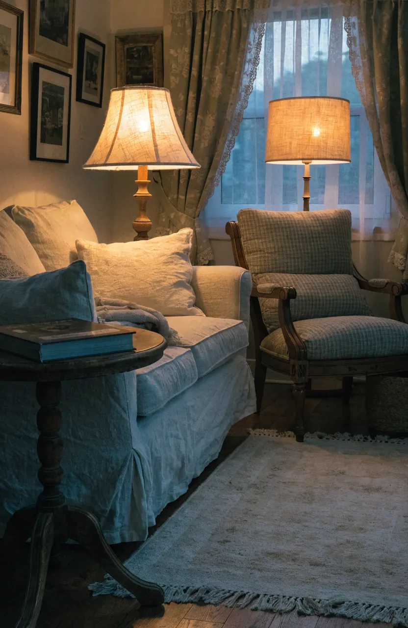 Warm lamps at seated height creating a cozy cottage living room in the evening