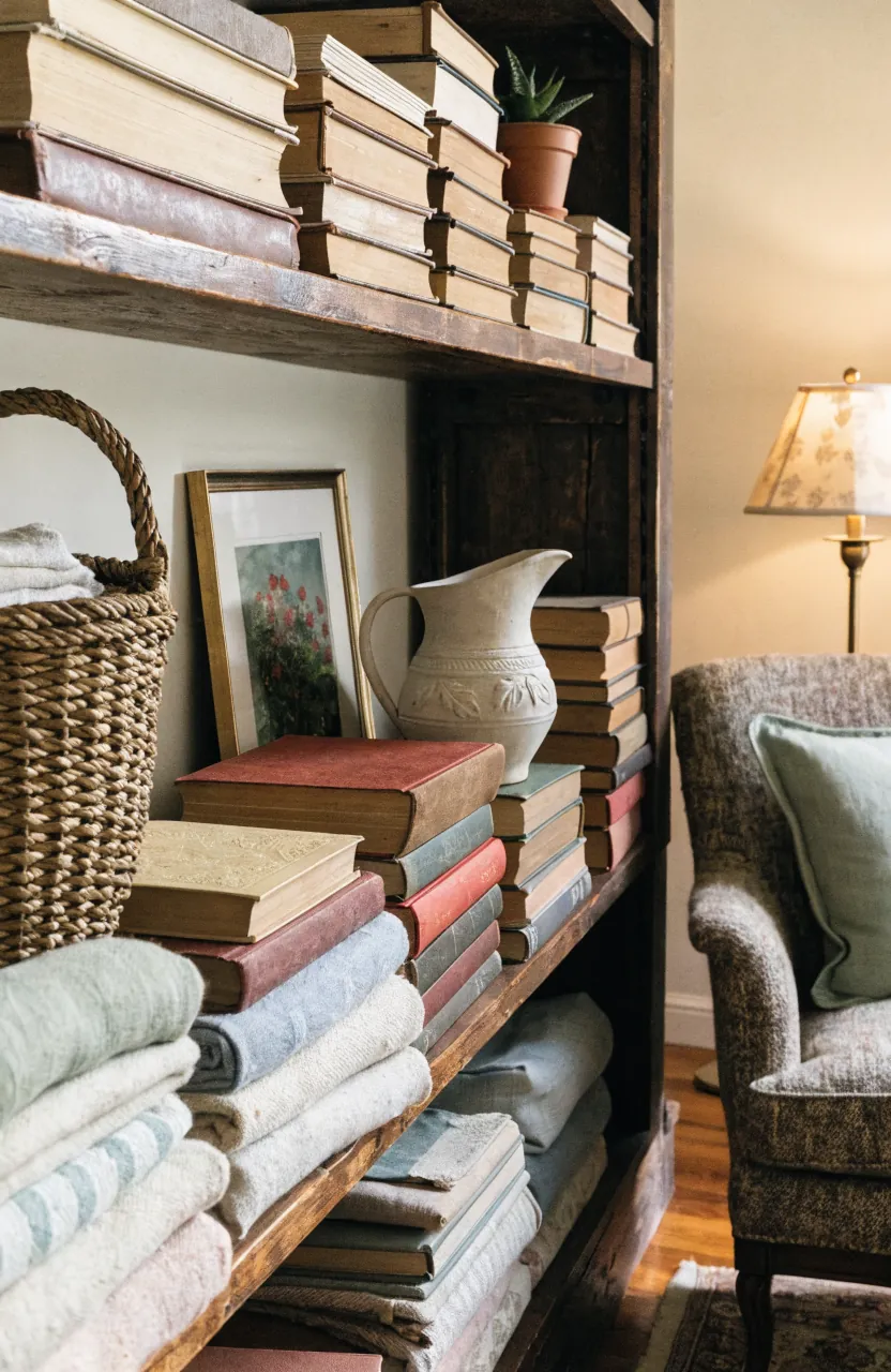 Collected cottage living room shelves with books, baskets, ceramics, and open space