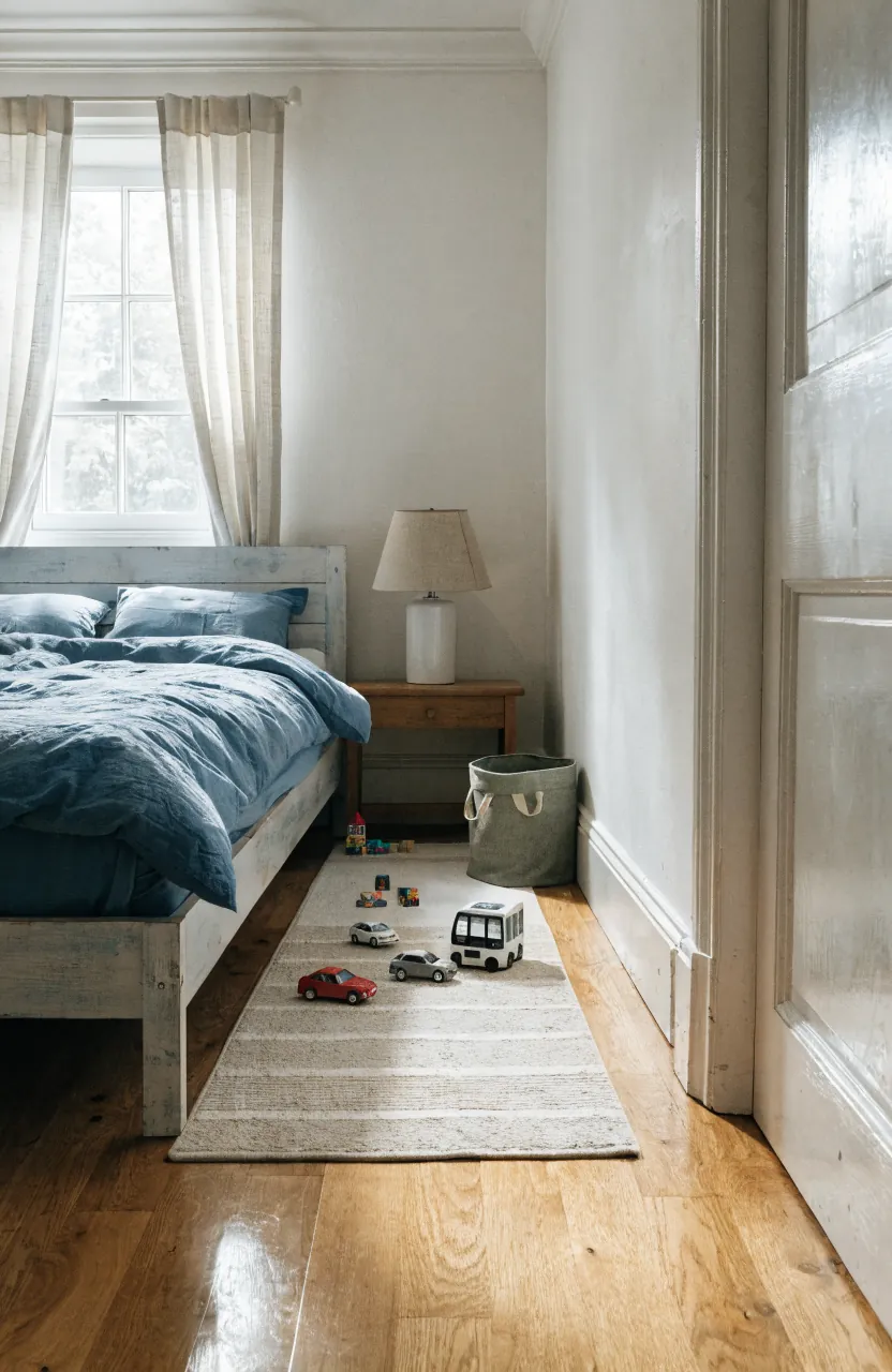 Bedroom play area defined by a washable rug beside a kids bed