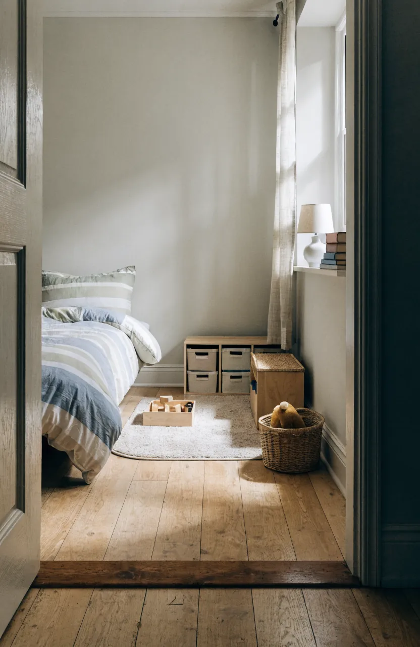 Small bedroom play area with a defined rug zone, toy storage, and calm bed space