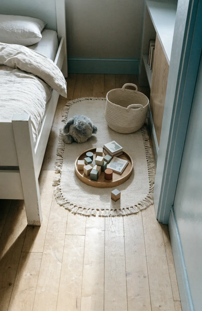 Small bedroom play area with a compact rug zone and clear boundaries