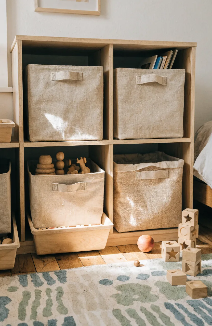 Low toy storage bins beside a small play corner in a kids bedroom
