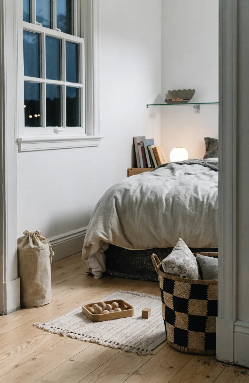Five minute reset system for a small bedroom play area with bins and basket