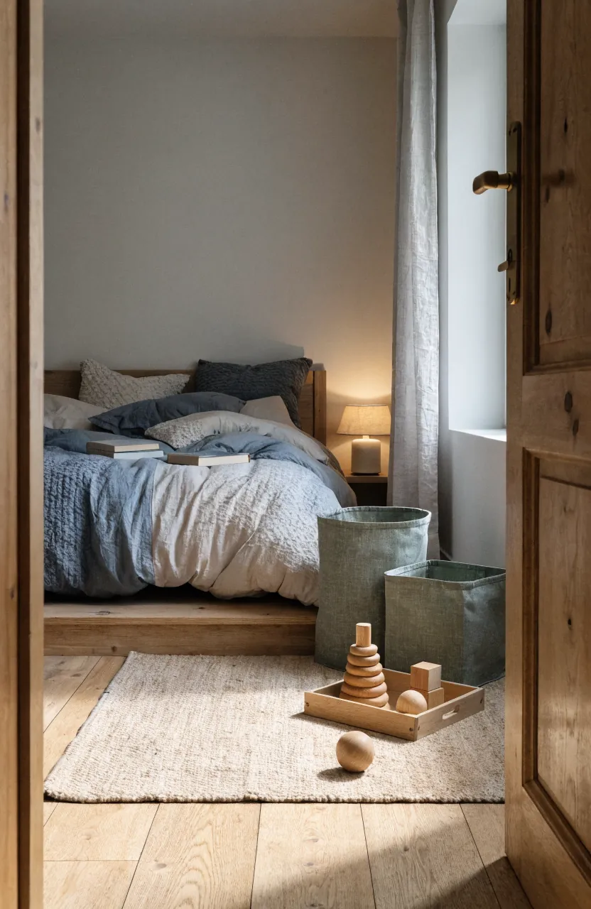 Kids bedroom layout with separate sleep zone and small play area