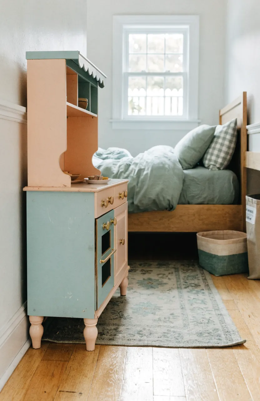 Small bedroom play area with one large toy and toy rotation storage