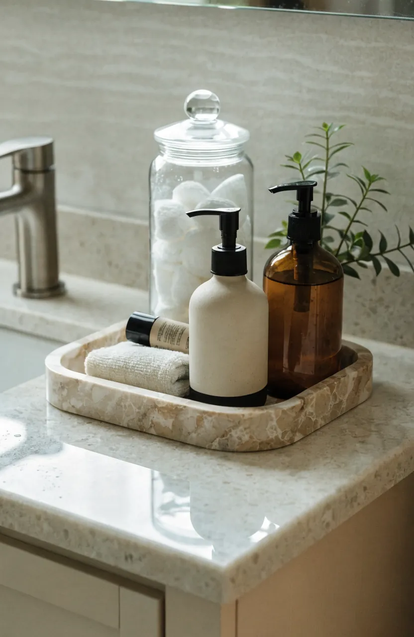 Bathroom vanity tray with everyday items styled on a clean counter