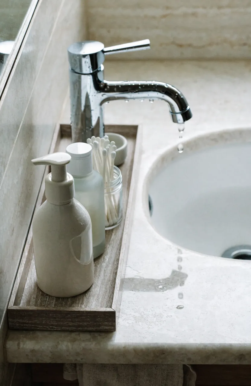Narrow bathroom vanity tray beside the sink for soap and small accessories