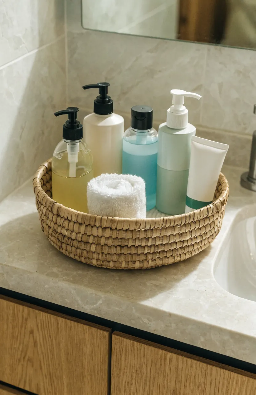Woven basket tray holding upright everyday bathroom bottles on a vanity