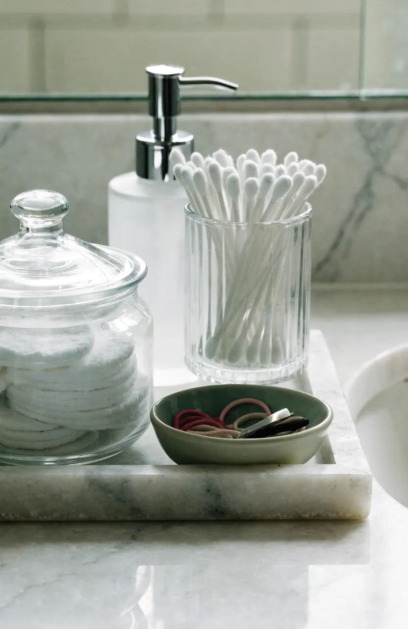 Bathroom vanity tray with glass jars for cotton rounds and small accessories