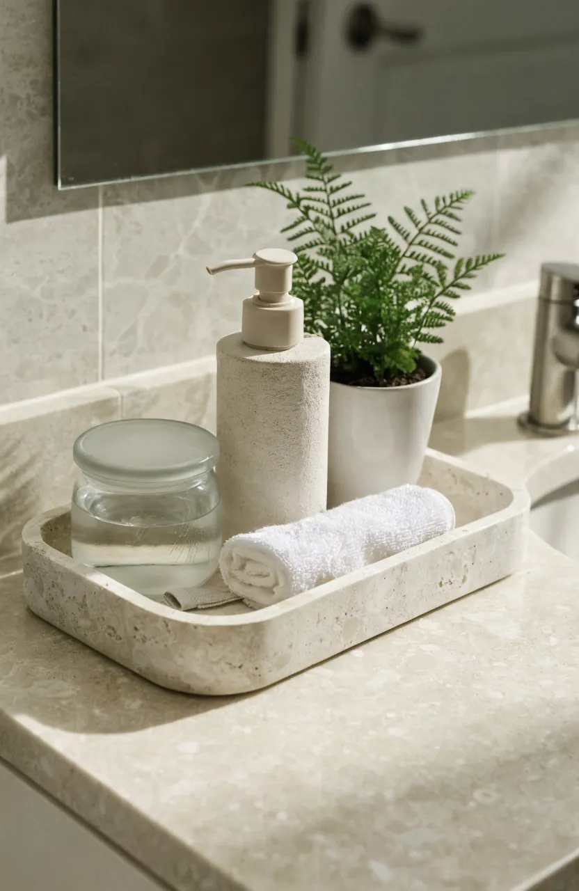 Pretty bathroom tray decor with empty space and everyday essentials