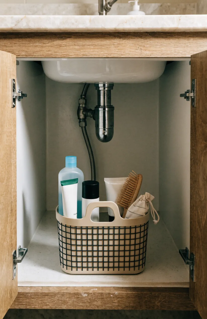 Portable bathroom caddy tray stored under the sink with everyday products