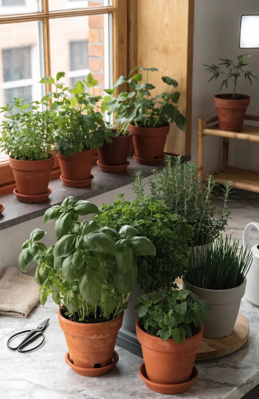 Indoor herb garden ideas with potted kitchen herbs, bamboo shelf, windowsill plants, and grow light tray