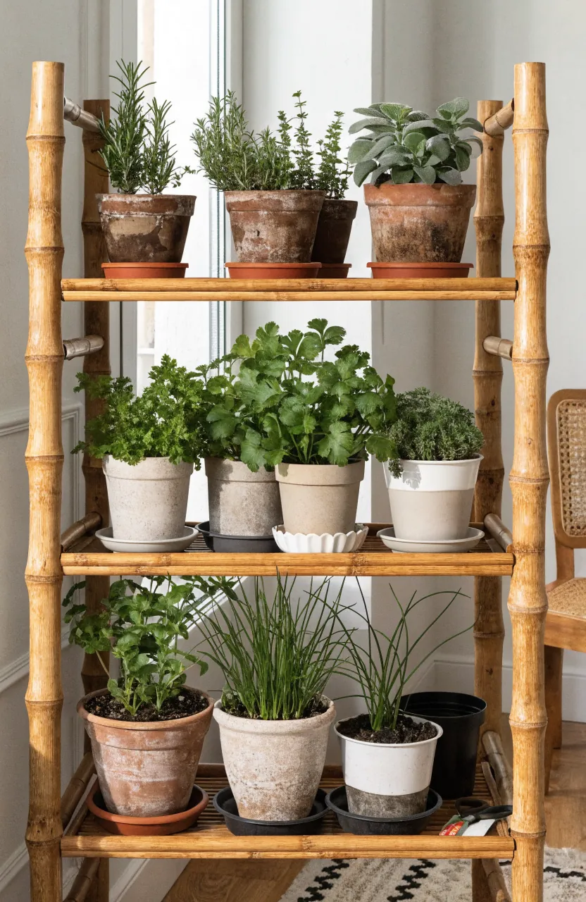 Tiered bamboo shelf used as an indoor herb garden beside a bright kitchen window