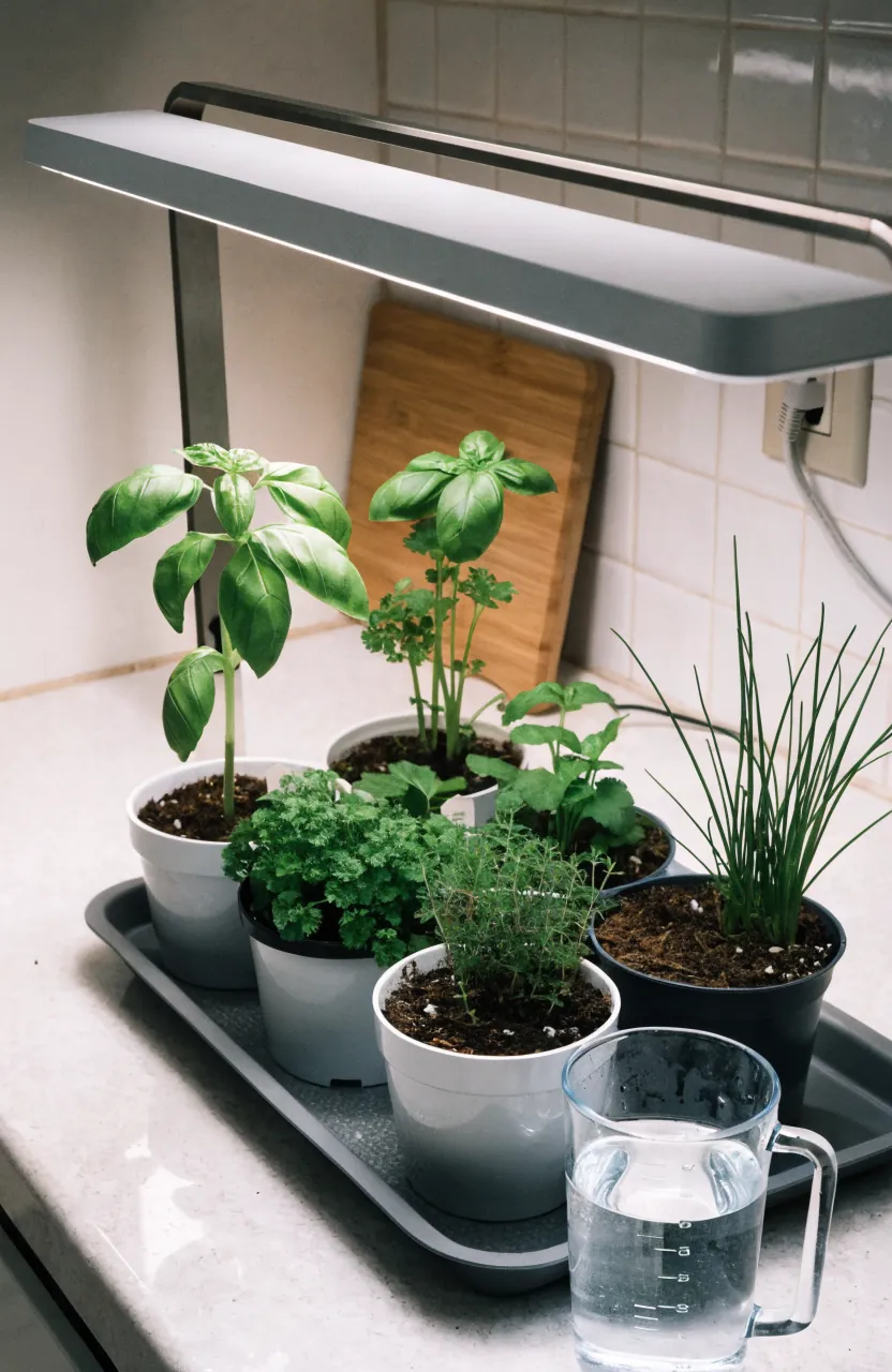 Countertop indoor herb garden tray under a slim grow light in a small kitchen