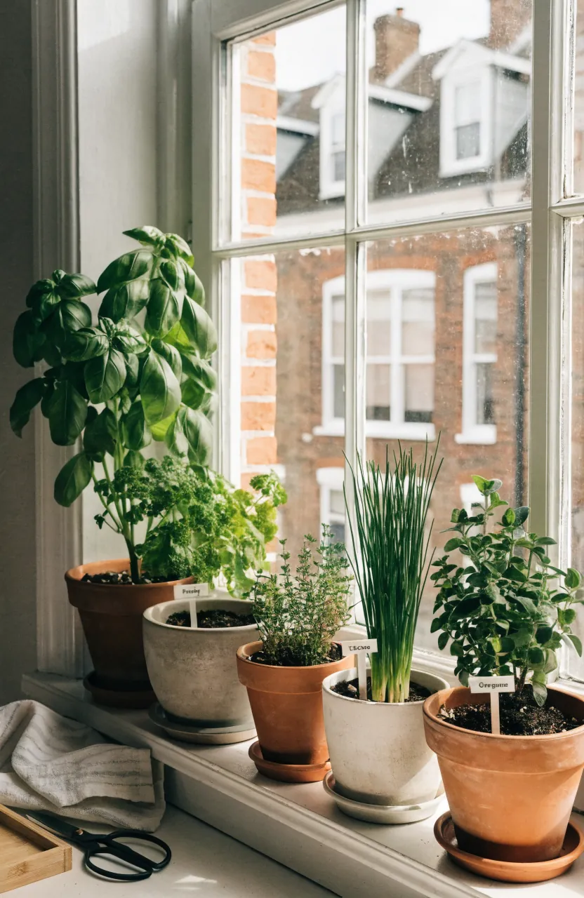 Sunny windowsill herb garden with basil, thyme, parsley, and chives in draining pots