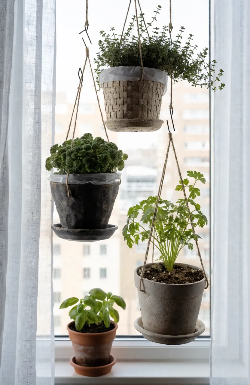 Hanging indoor herb pots in front of a bright window with trailing thyme and parsley