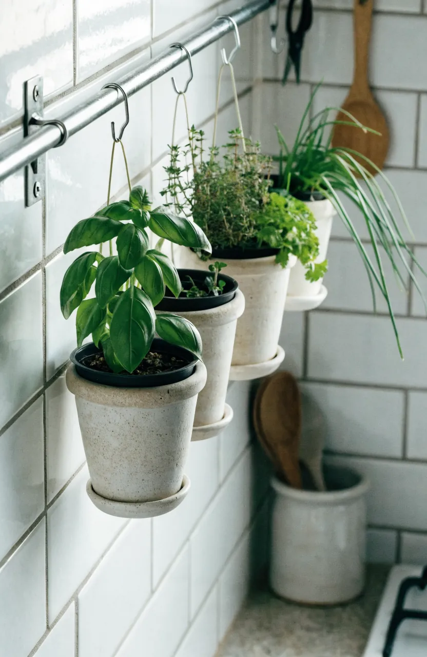 Kitchen wall rail with small hanging herb planters for basil, thyme, and parsley