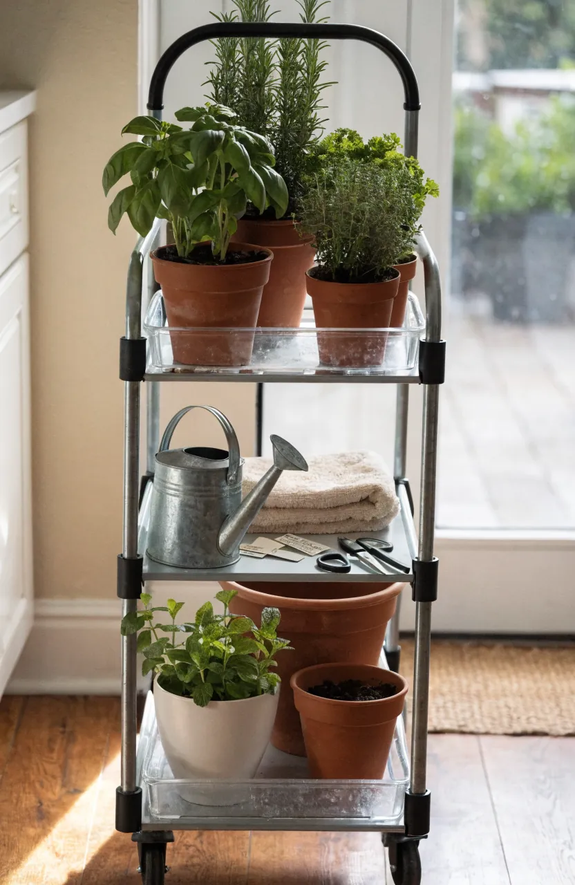 Rolling indoor herb garden cart with potted herbs, watering can, and kitchen tools