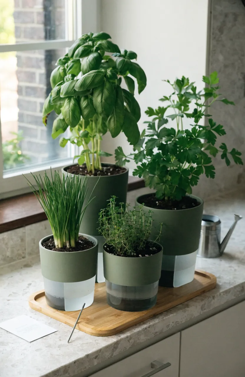 Self-watering indoor herb pots with visible reservoirs and healthy kitchen herbs