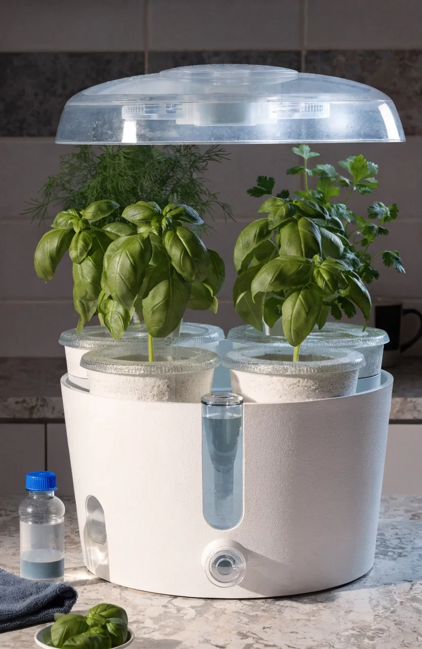 Compact countertop hydroponic herb garden with basil, dill, and parsley under built-in light