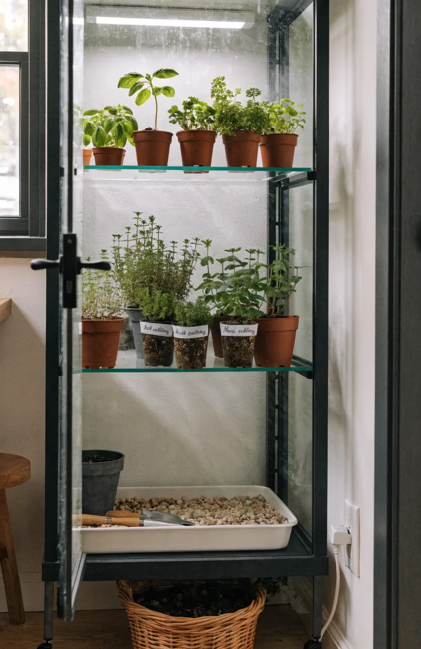 Small glass herb greenhouse cabinet with indoor pots, humidity tray, and grow light