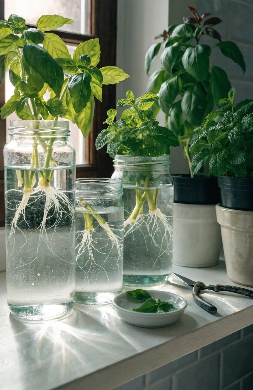 Herb cuttings rooting in clear jars beside small potted herbs on a kitchen shelf