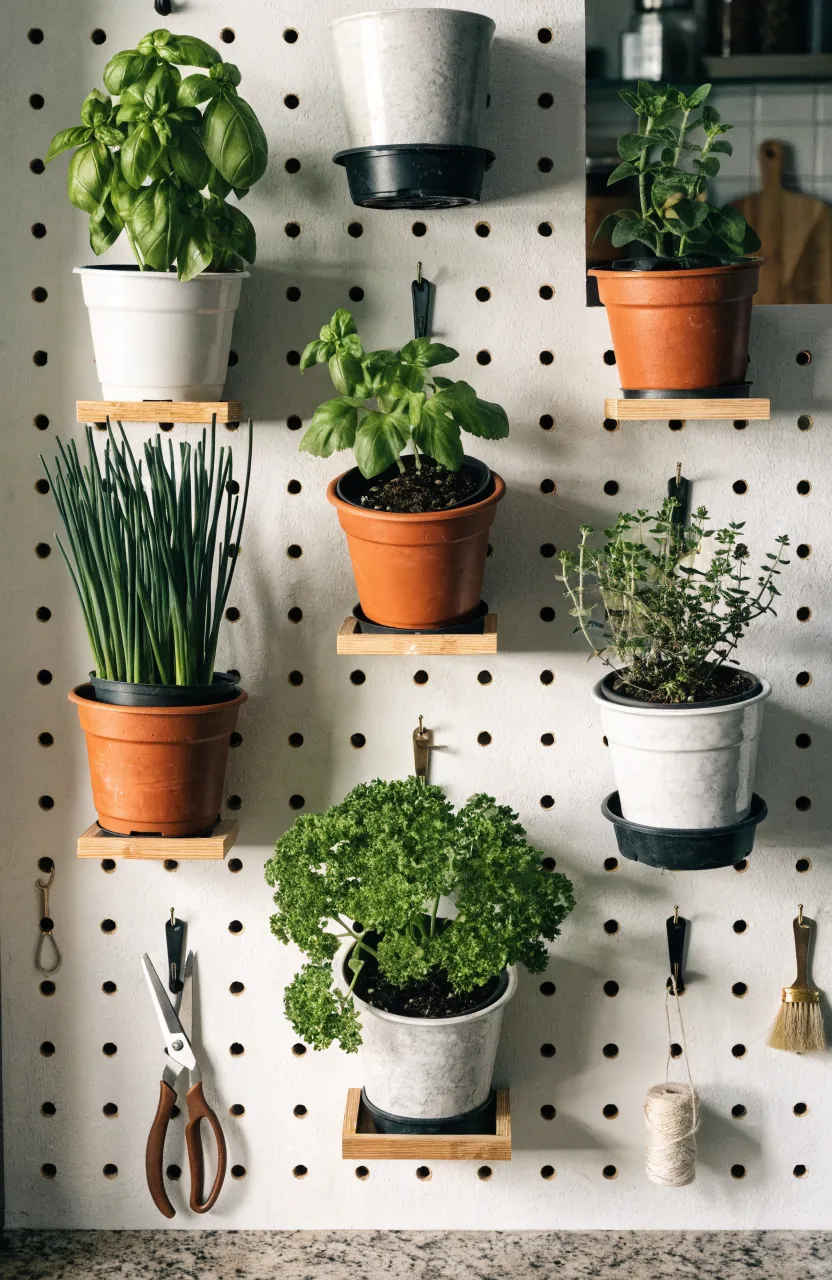 Vertical pegboard herb wall with removable pots, tools, and small kitchen herbs
