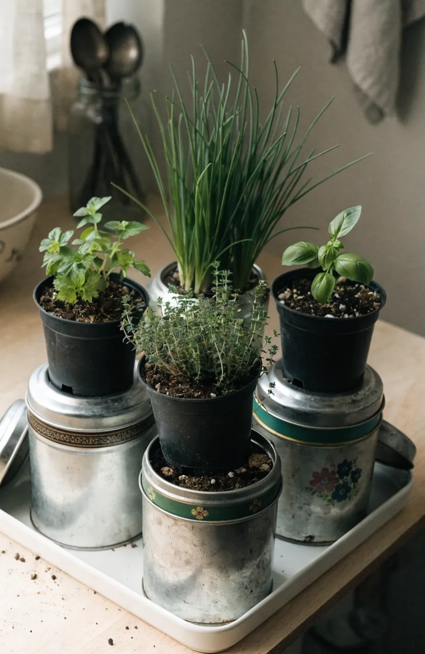 Small herbs in nursery pots tucked inside vintage tea tins used as indoor cachepots