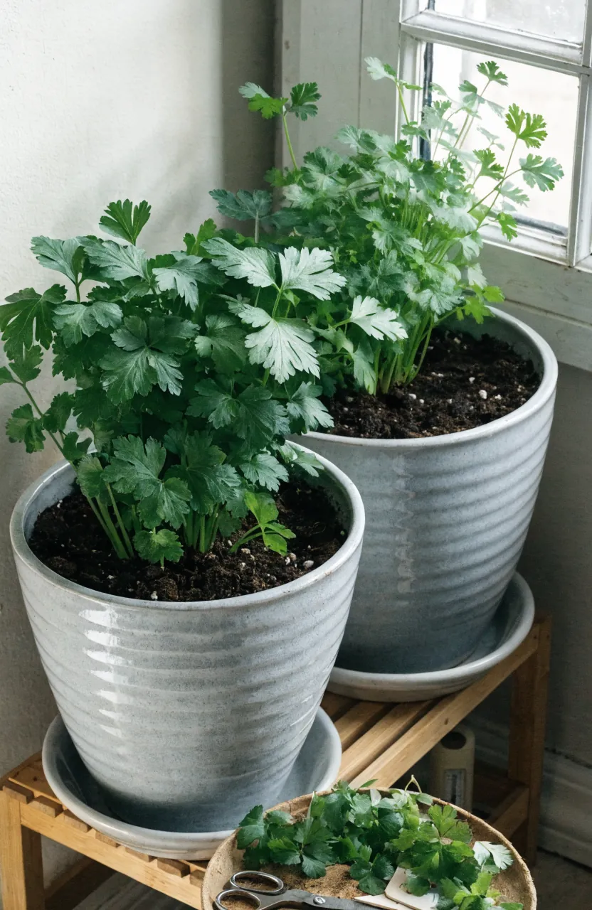 Deep indoor pots for parsley and cilantro near a cool bright kitchen corner