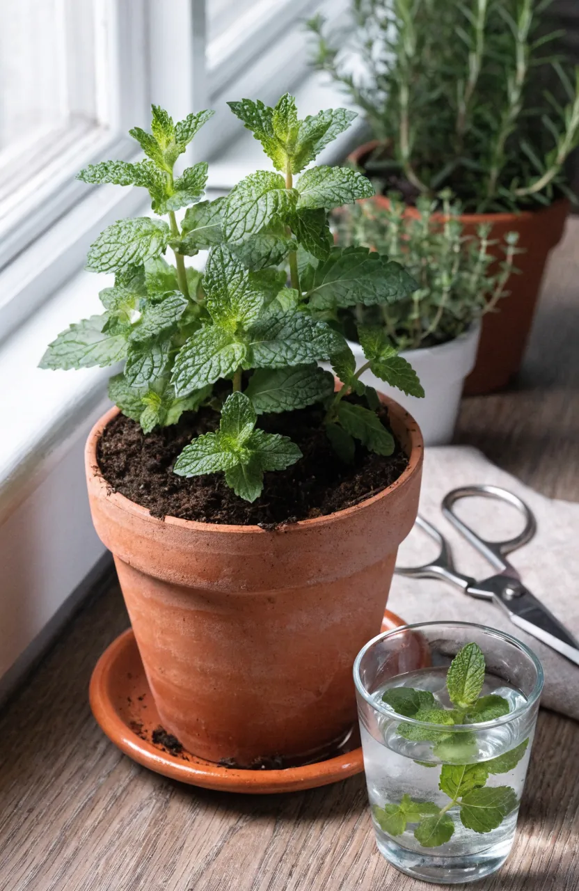 Mint growing in its own indoor planter away from other kitchen herbs