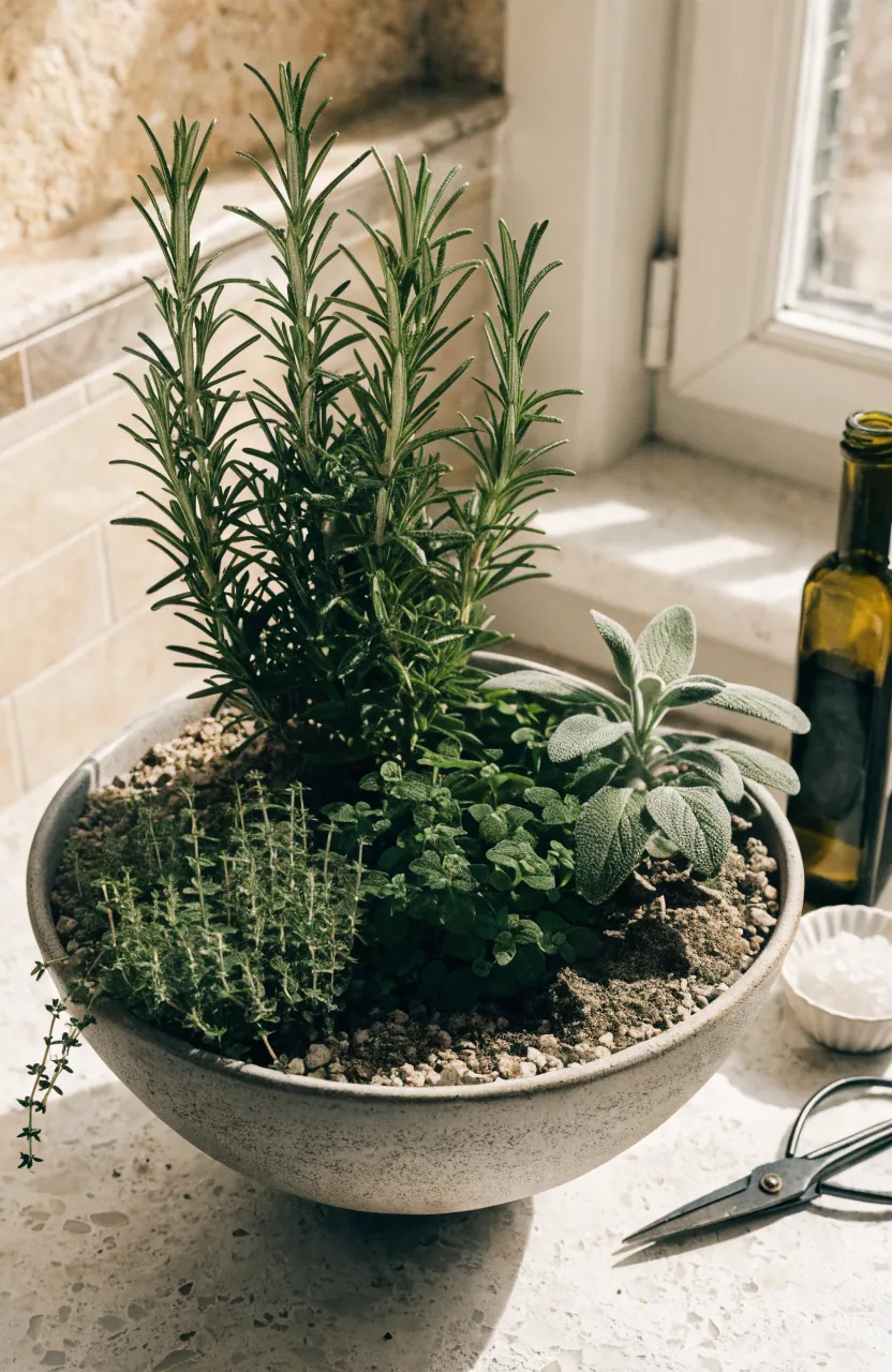 Wide shallow bowl planter with rosemary, thyme, sage, and oregano for indoor herbs
