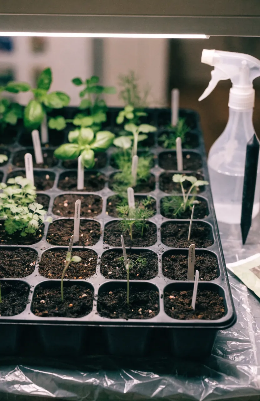 Indoor herb seed-starting tray with small seedlings under a shelf grow light