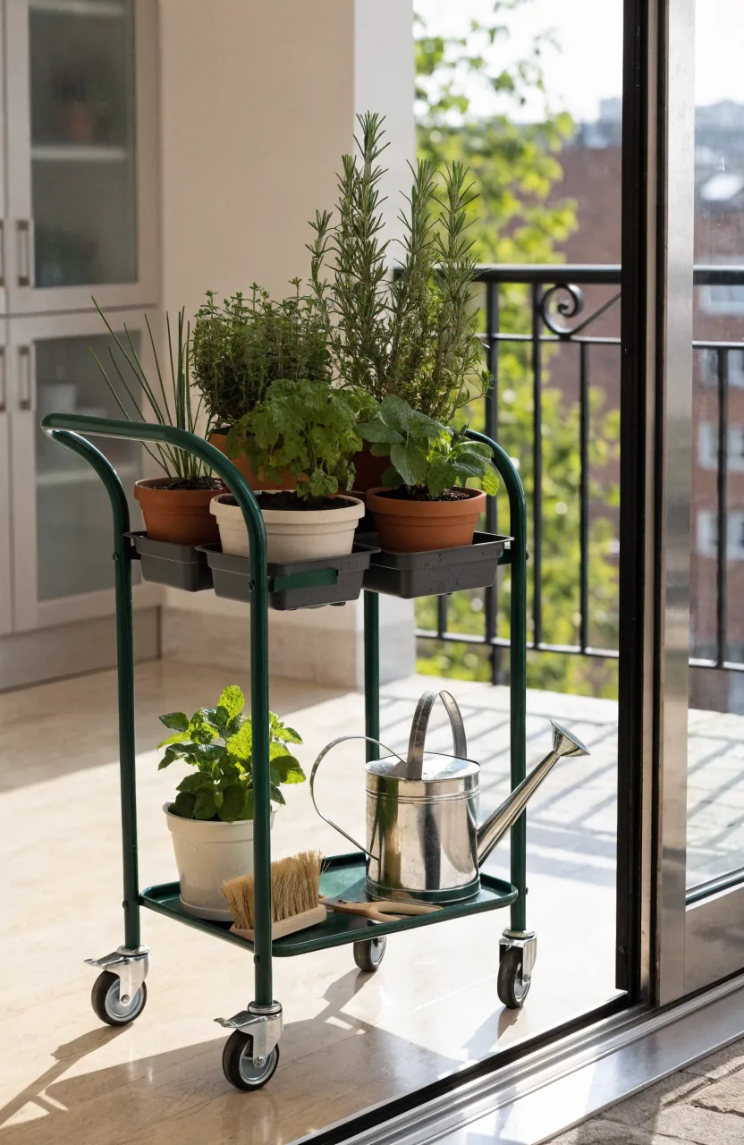 Indoor-outdoor herb cart near a balcony door with potted herbs and trays