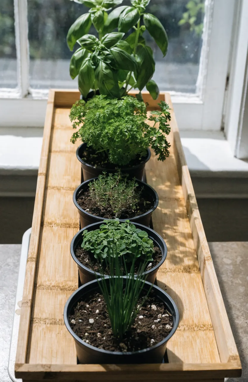 Bamboo indoor window box with divided herb pots and drainage tray