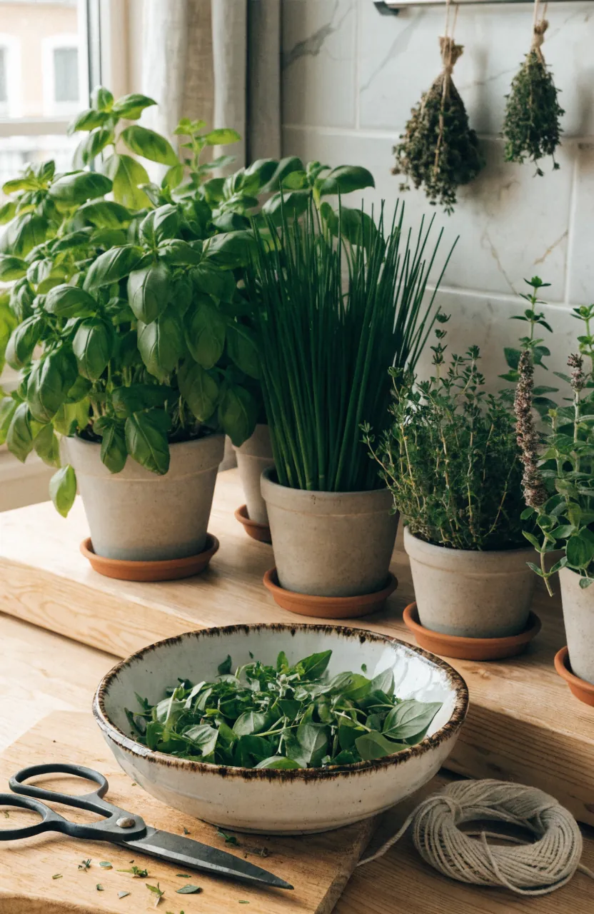 Indoor herb harvest station with fresh potted herbs, pruning scissors, and drying bundles