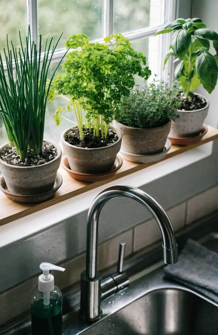 Narrow over-sink shelf holding small indoor herb pots by a kitchen window