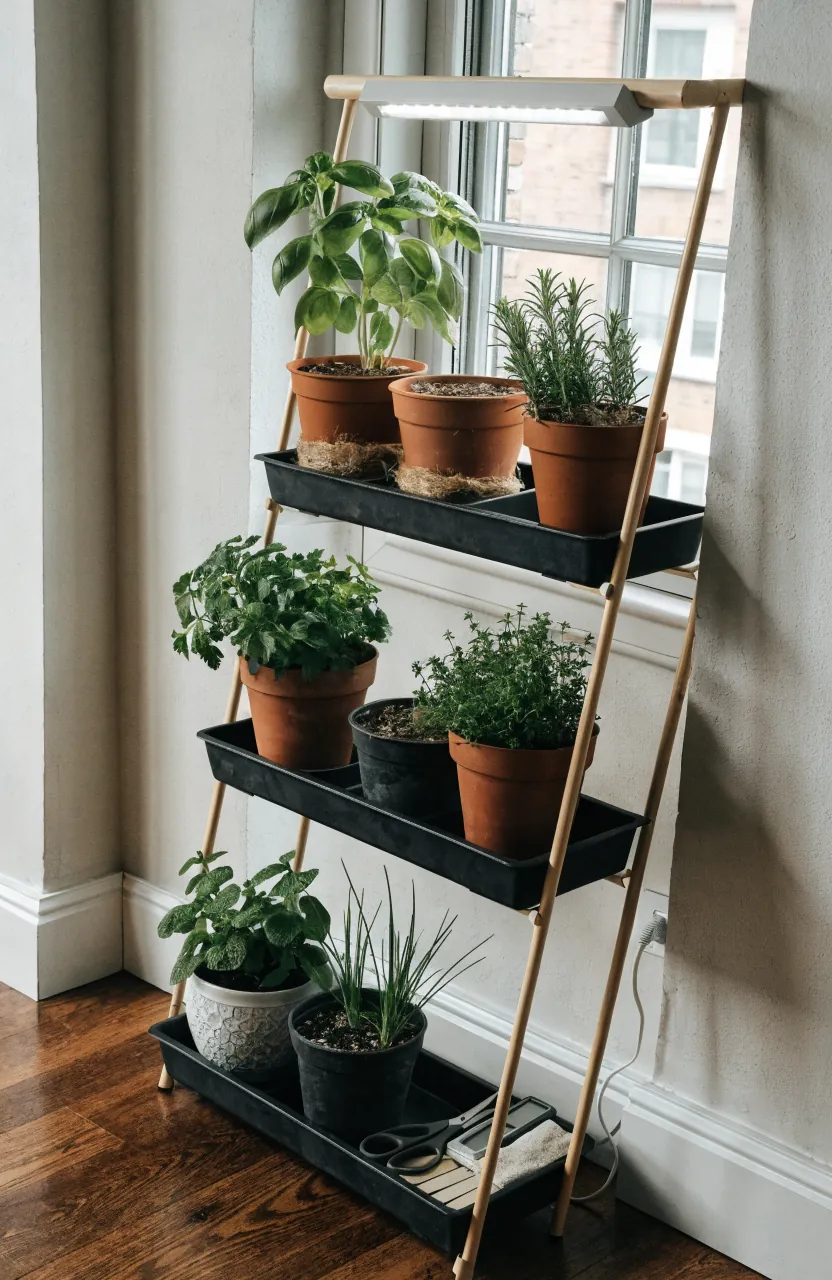 Compact apartment corner herb stand with grow light, potted herbs, and drainage trays