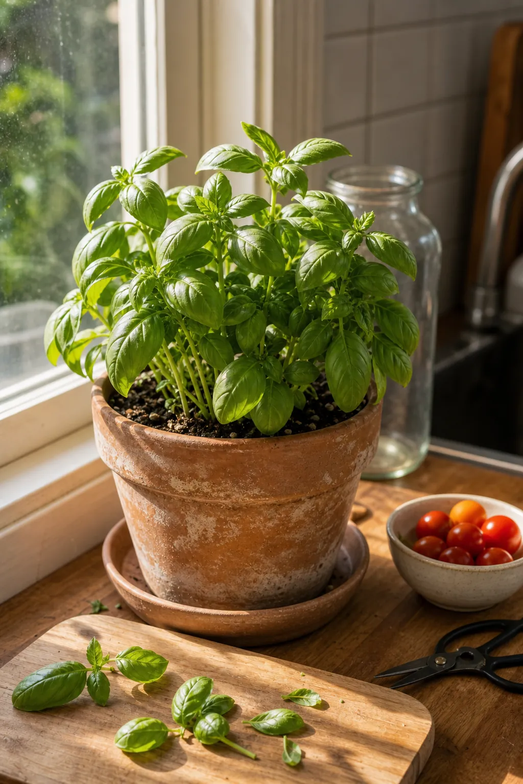 Basil growing indoors in a terracotta pot on a bright kitchen windowsill