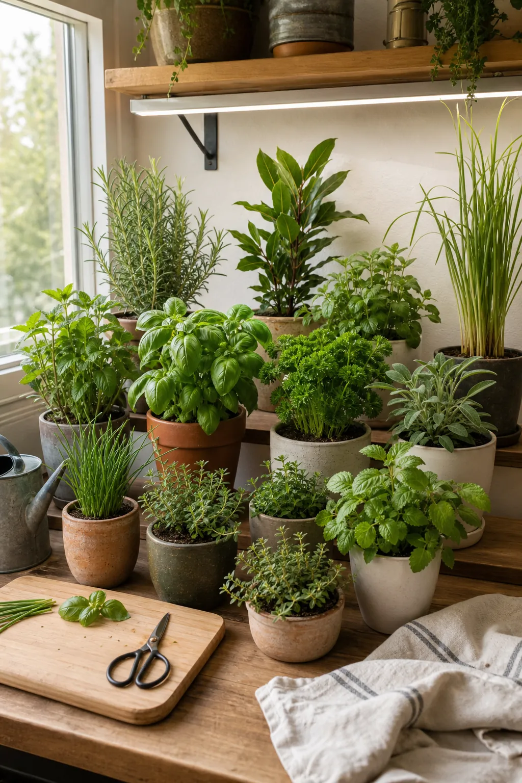 Indoor herb garden with basil, parsley, mint, chives, thyme, oregano, rosemary, sage, and other herbs in pots near a bright kitchen window