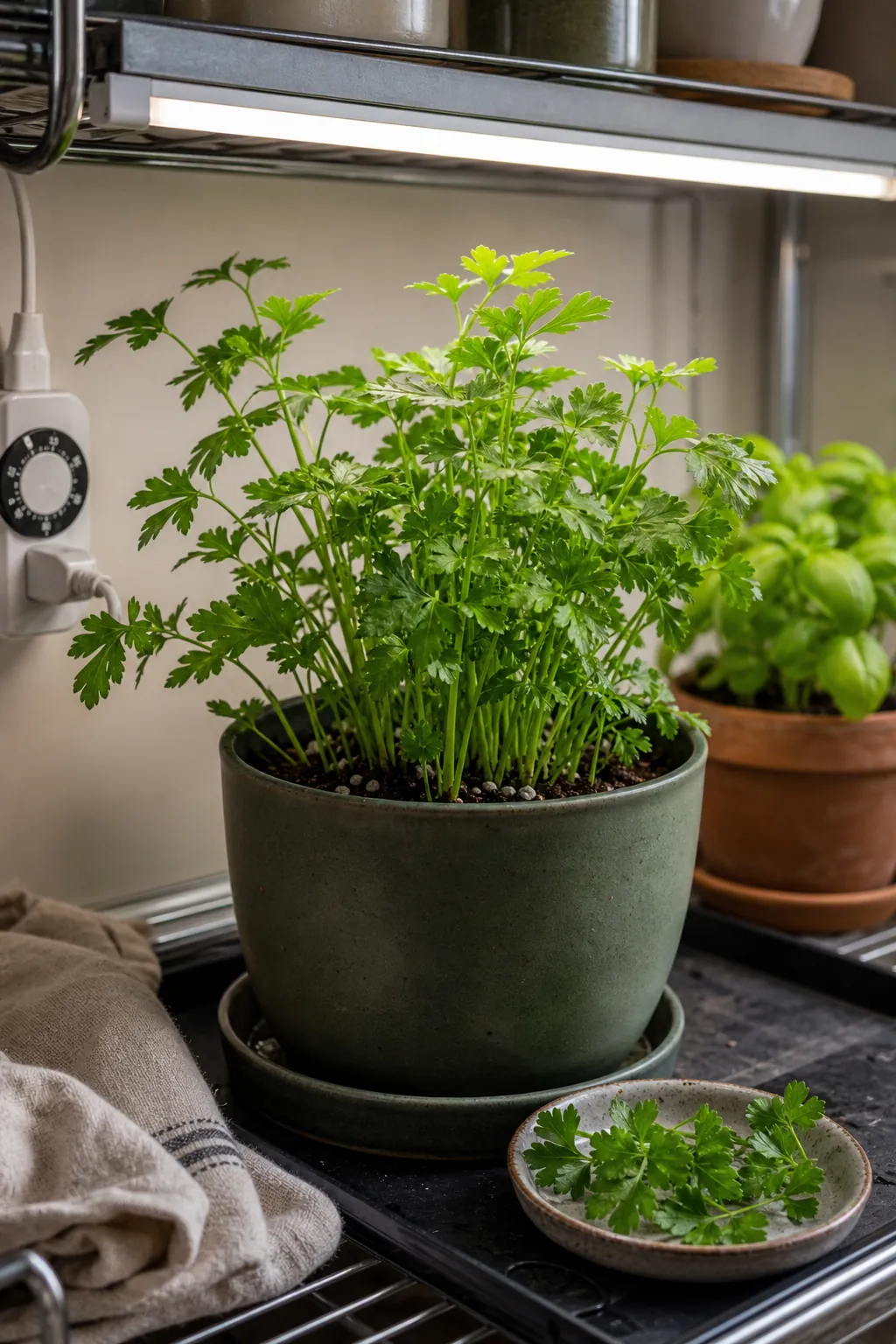 Flat leaf parsley growing in a deep green pot under a kitchen grow light