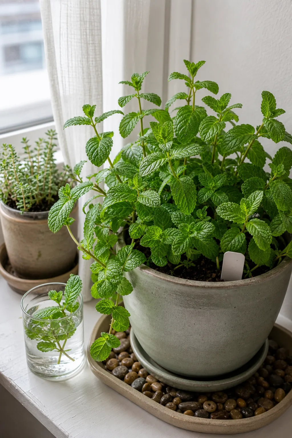 Mint growing indoors in its own ceramic pot on a bright apartment windowsill